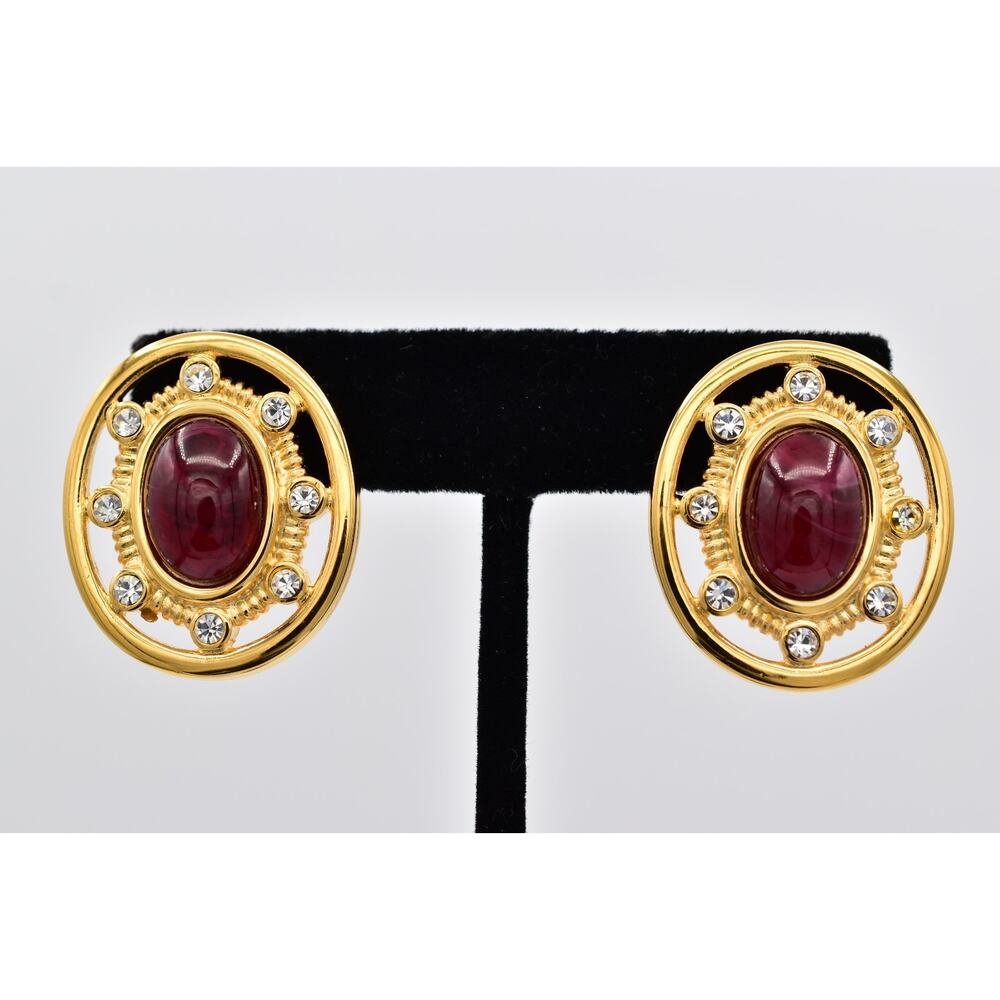 Givenchy Vintage Red Cabochon Clip On Earrings Chunky Oval Gold Signed 80s Bin7